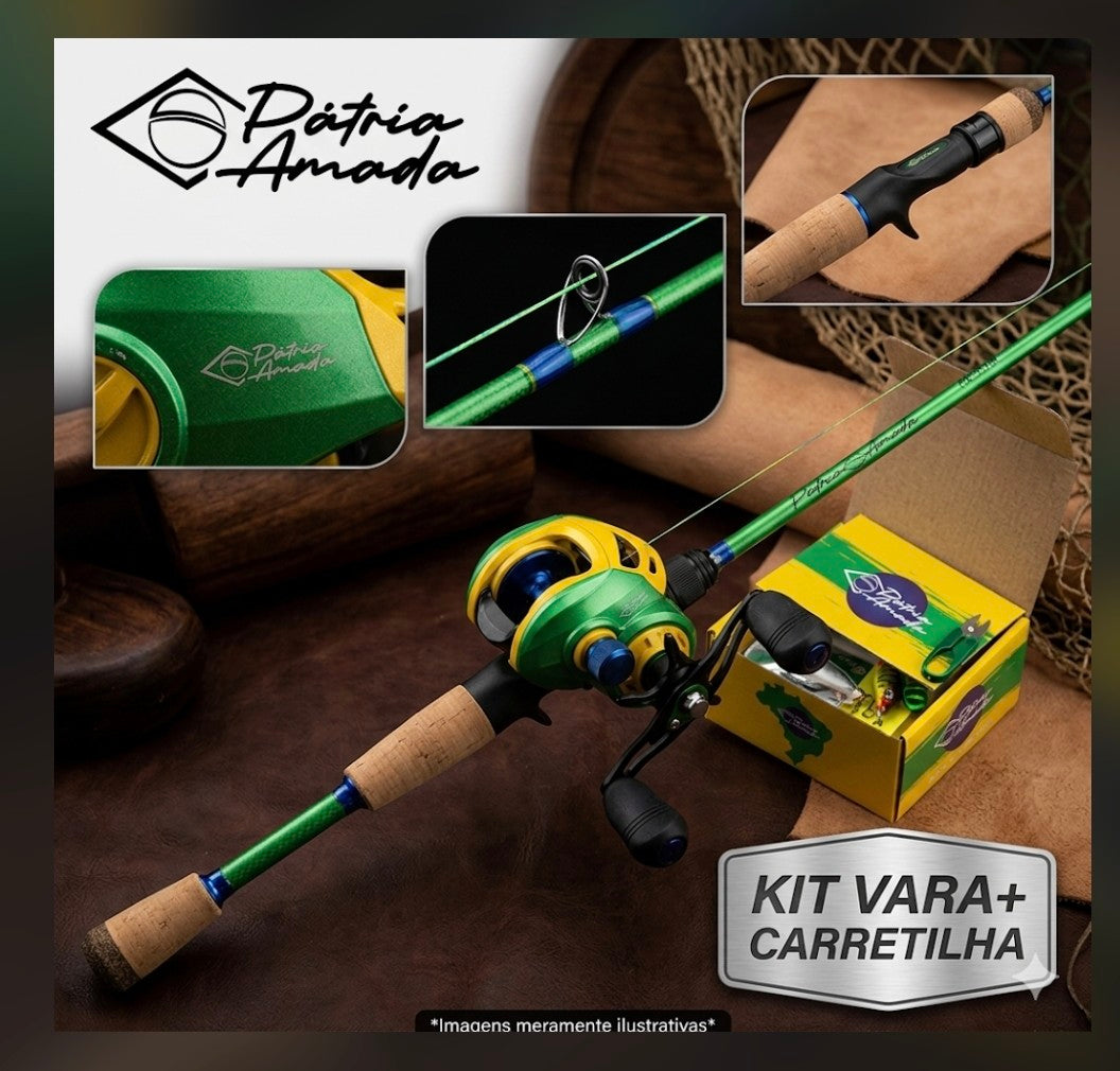 Conjunto de pesca maruri verde amarelo e azul - Vara e caretilha